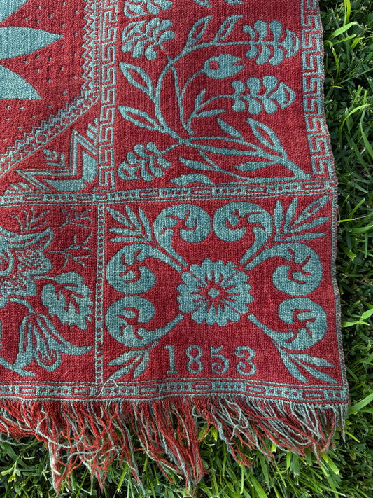 Rare 1853 Star of Bethlehem Half Coverlet in Turkey Red and Blue/Green