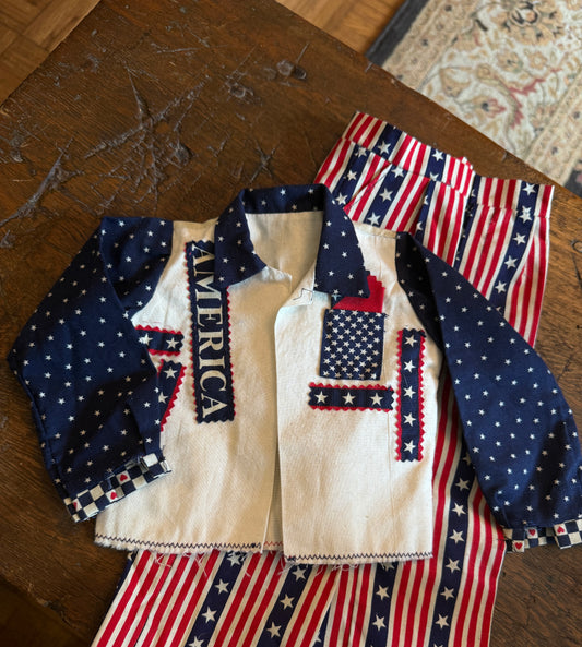 Handmade Child’s or Large Doll Patriotic/4th of July 2-piece 1970s Outfit with Eagle Motif on Back