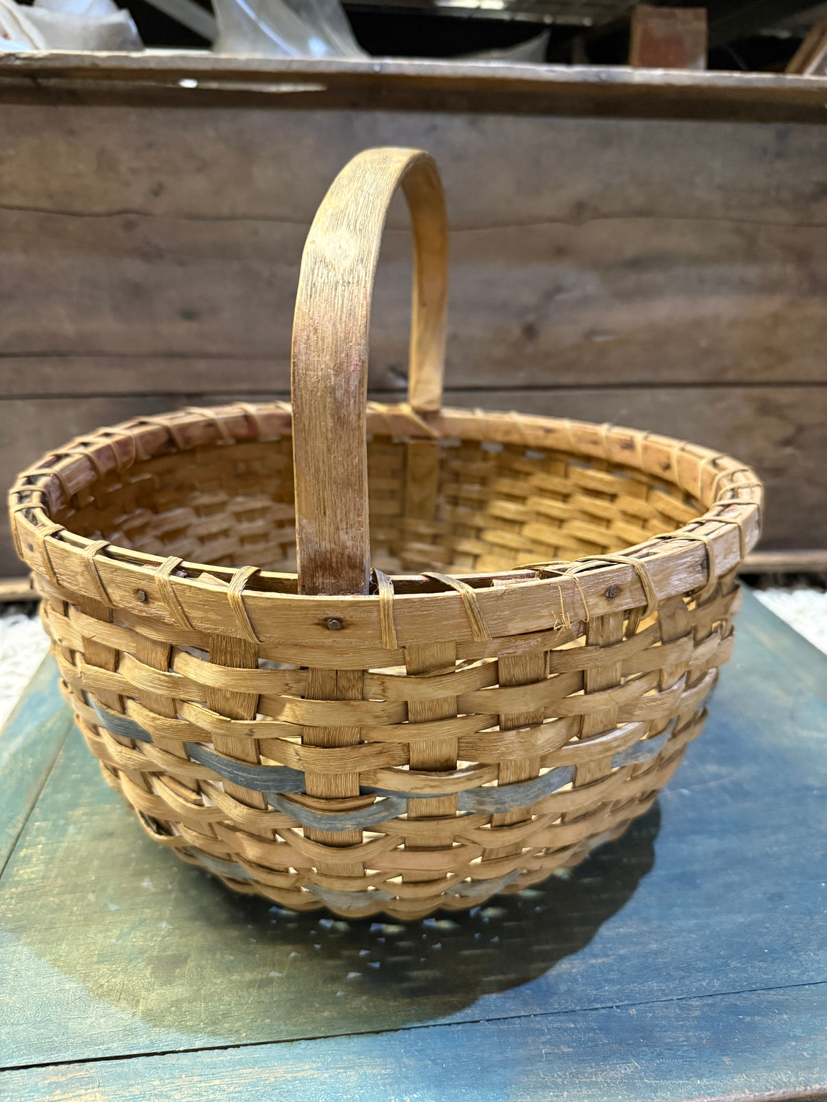 Early Handwoven Splint Basket with Blue/Red Painted Banding