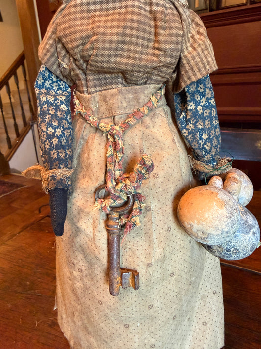 Bottle Doll with Calico Dress, Key Necklace and Gourds