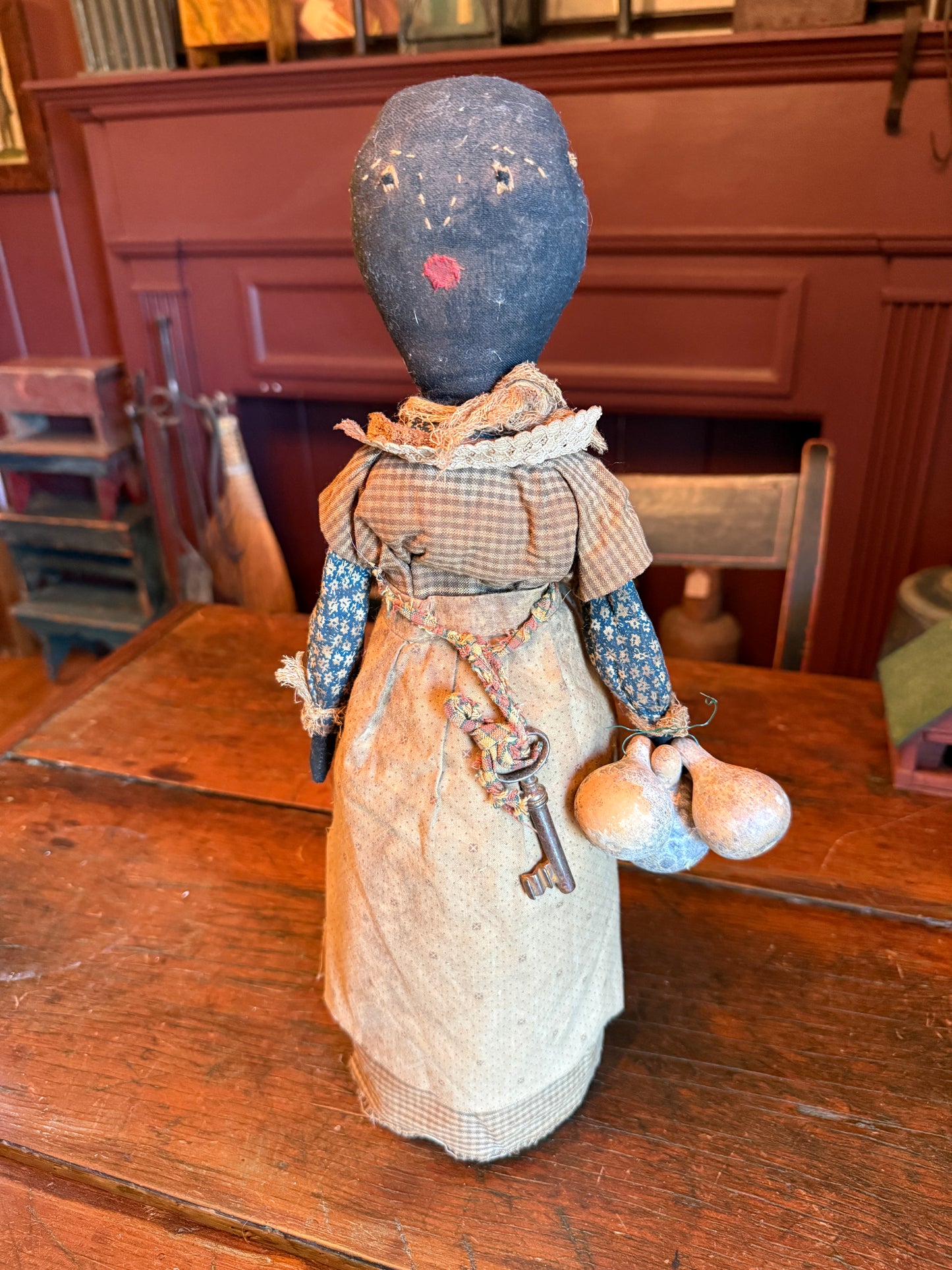 Bottle Doll with Calico Dress, Key Necklace and Gourds