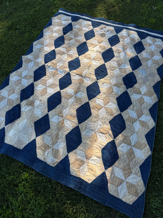 Late 1800s Hand-Stitched Antique Quilt in Navy/Creams - Tumbling Blocks Pattern