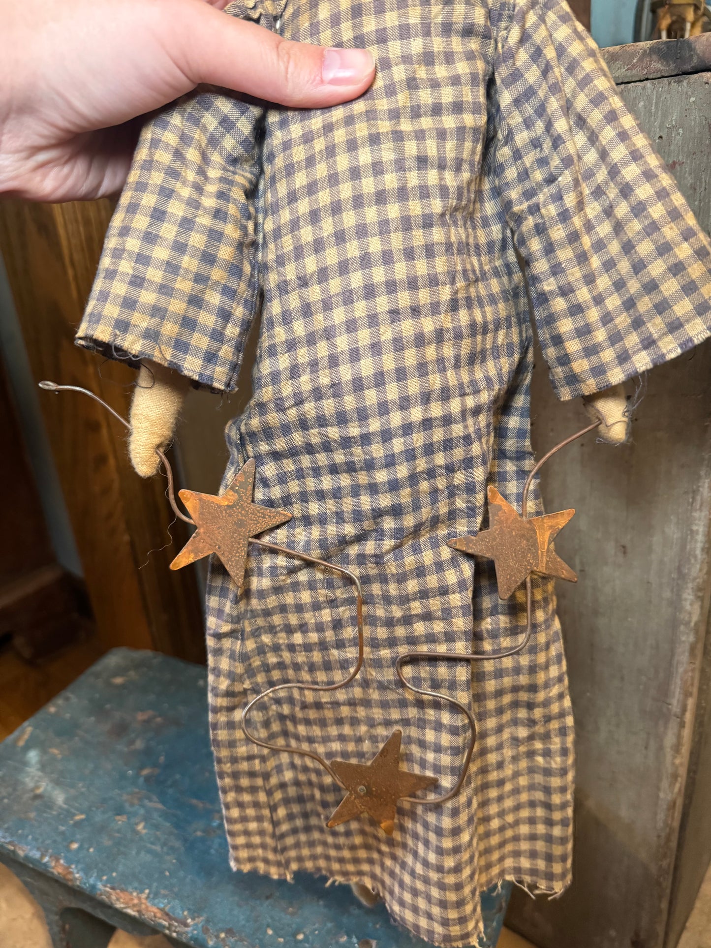 Hand-Stitched Gingham Doll with Rustic Star Garland