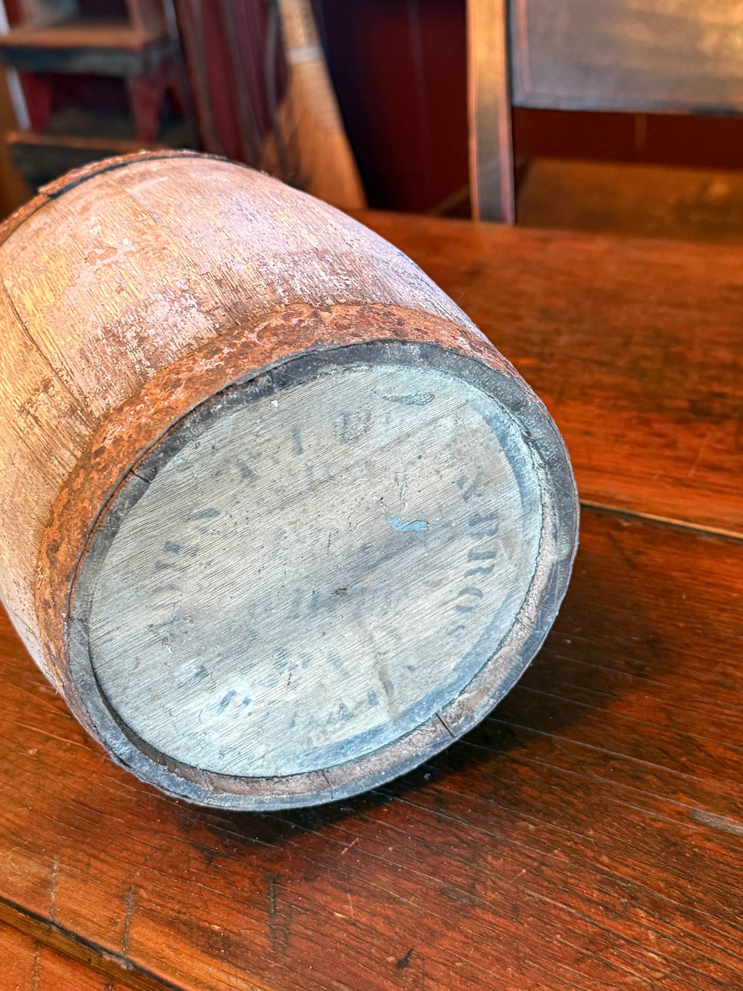 Blue Painted Stave Paint Pail/Bucket, Mid-Late 1800s
