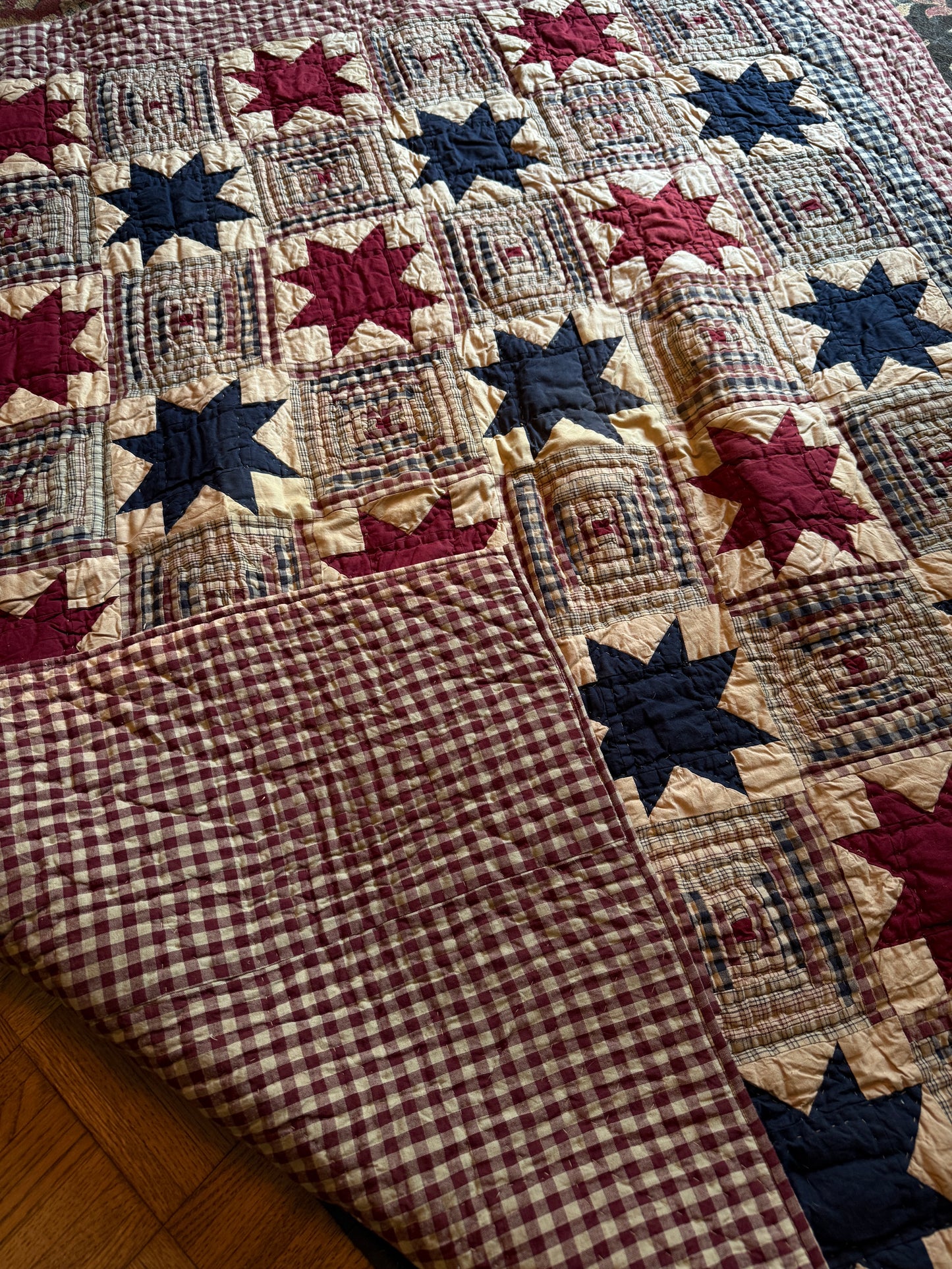 Antique Museum-Quality "Sawtooth Star" and "Log Cabin" Pattern Hand-Stitched Quilt