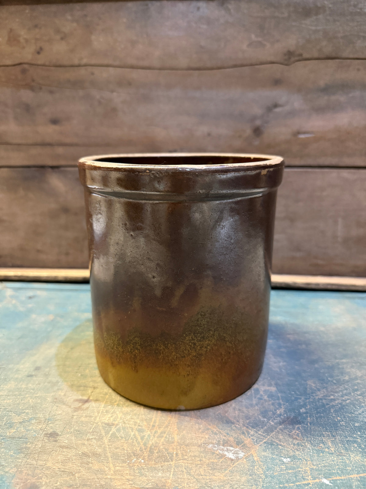 Exceptional Early Brown & Mustard Glazed Stoneware Crock