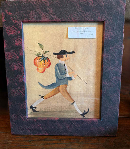 Folk Art Watercolor by Barbara Irwin - Colonial Boy Carrying Strawberry