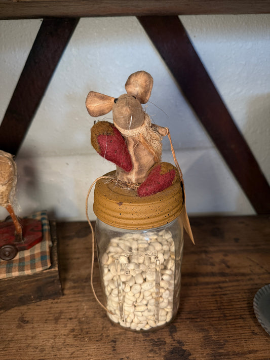 Artisan Made Primitive Mouse with Strawberries on Jar filled with Beans