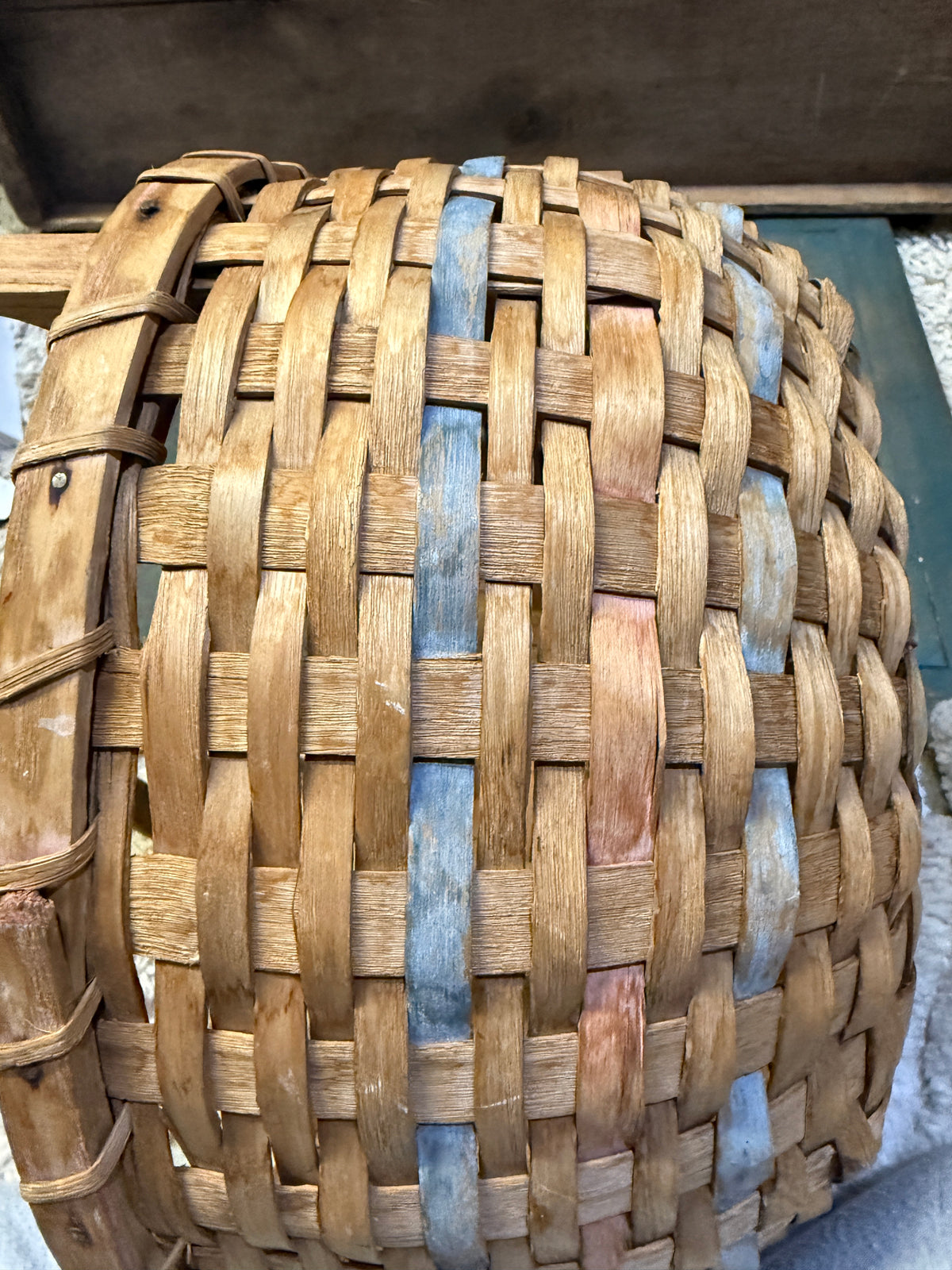 Early Handwoven Splint Basket with Blue/Red Painted Banding