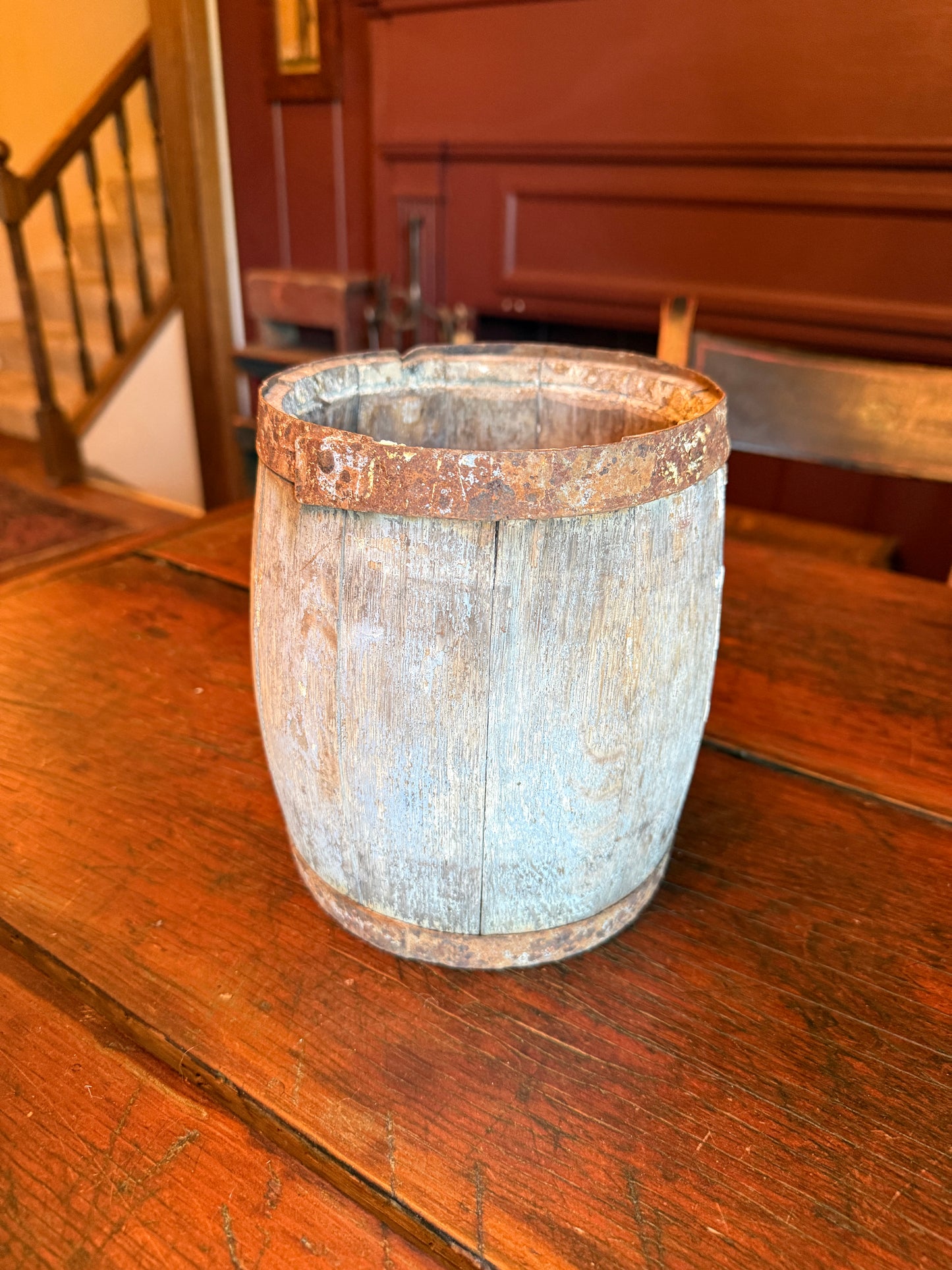 Blue Painted Stave Paint Pail/Bucket, Mid-Late 1800s