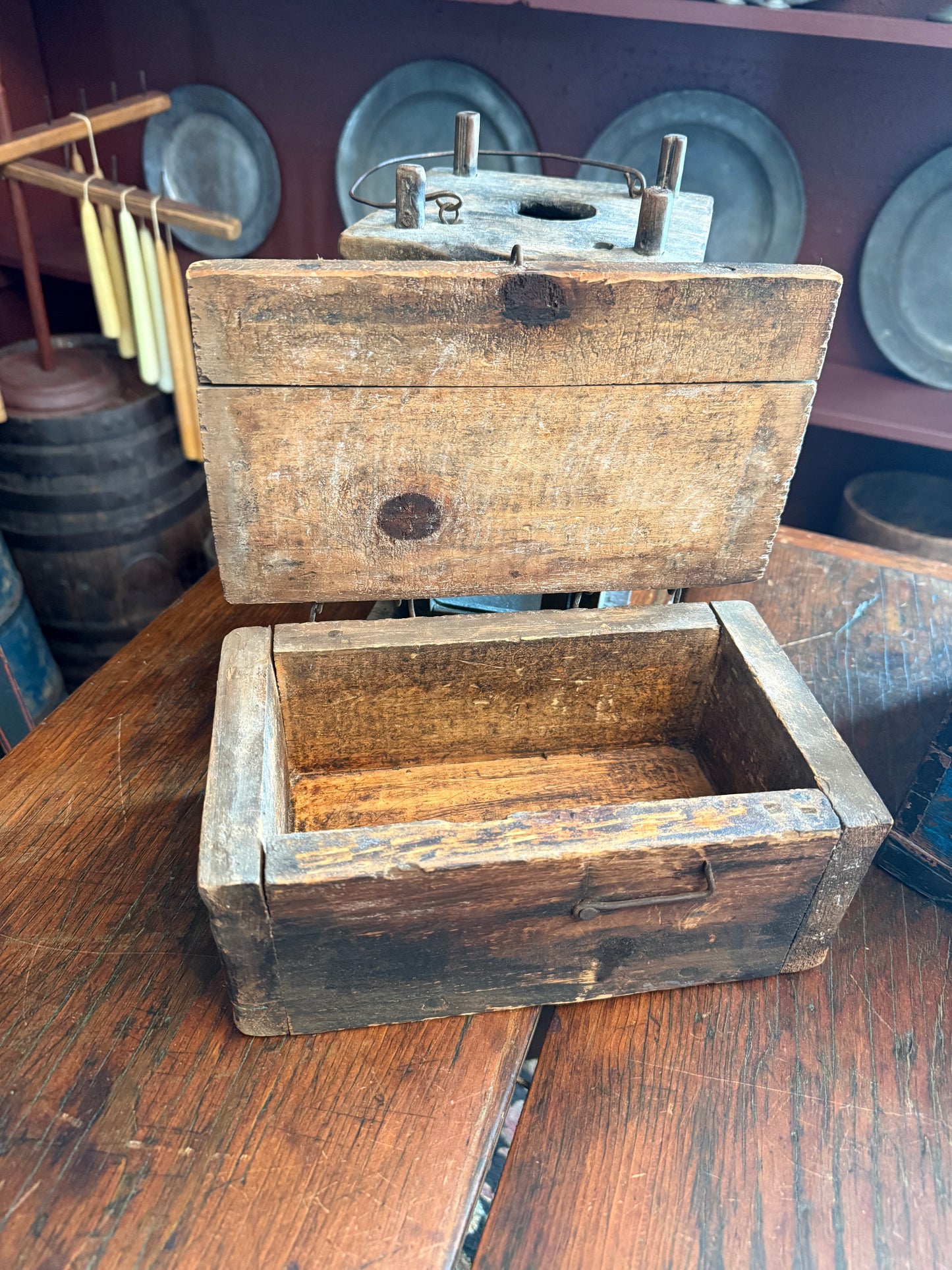 Primitive 1800s Wooden Tool Box w/ Wire Hinges