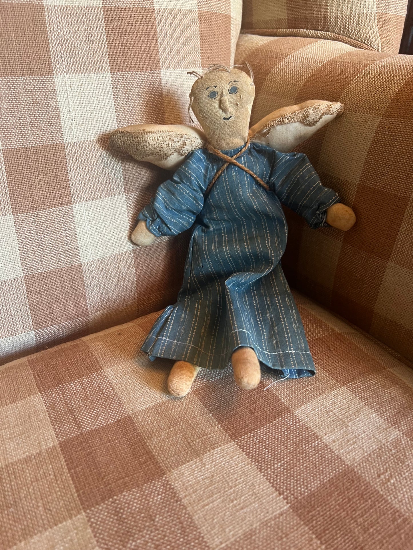 Angel Doll in Blue Shirting Fabric Dress