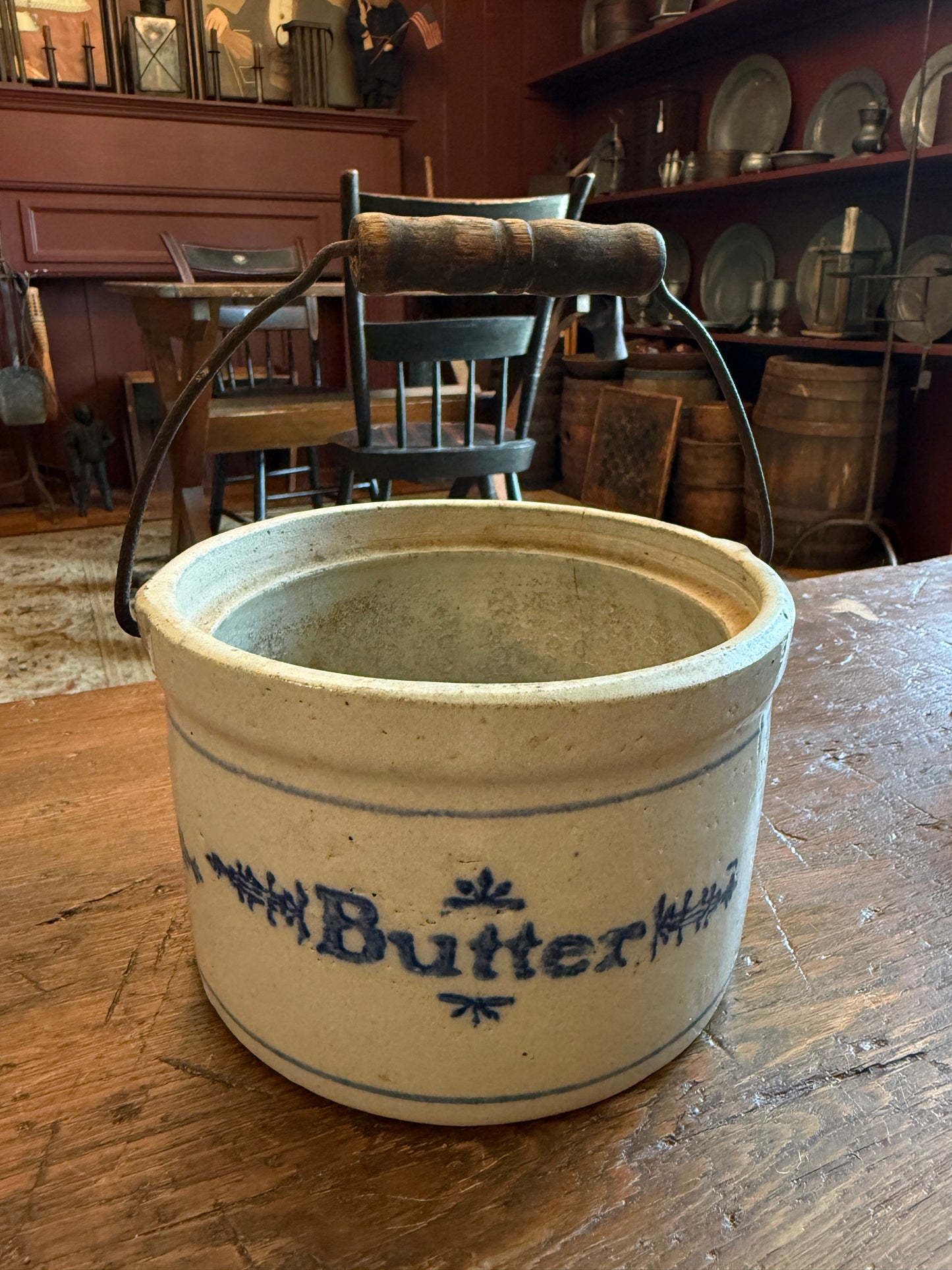 Butter Crock with Wooden Bail Handle/Cobalt Blue Decoration