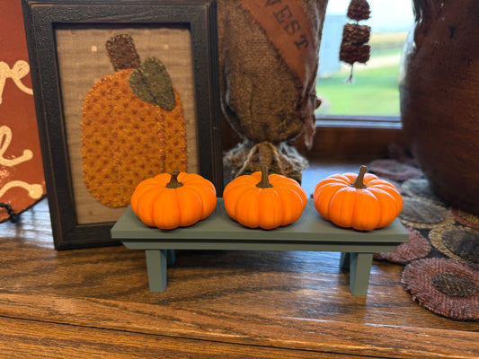 Blue Primitive Bench with 3 Pumpkins