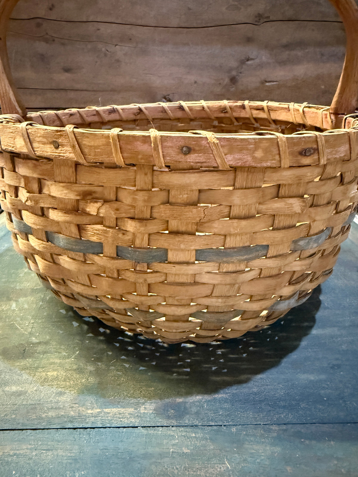 Early Handwoven Splint Basket with Blue/Red Painted Banding