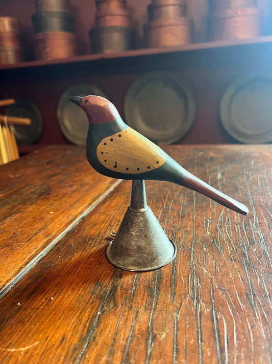 Hand Painted Folk-Art Bird on Metal Funnel Stand