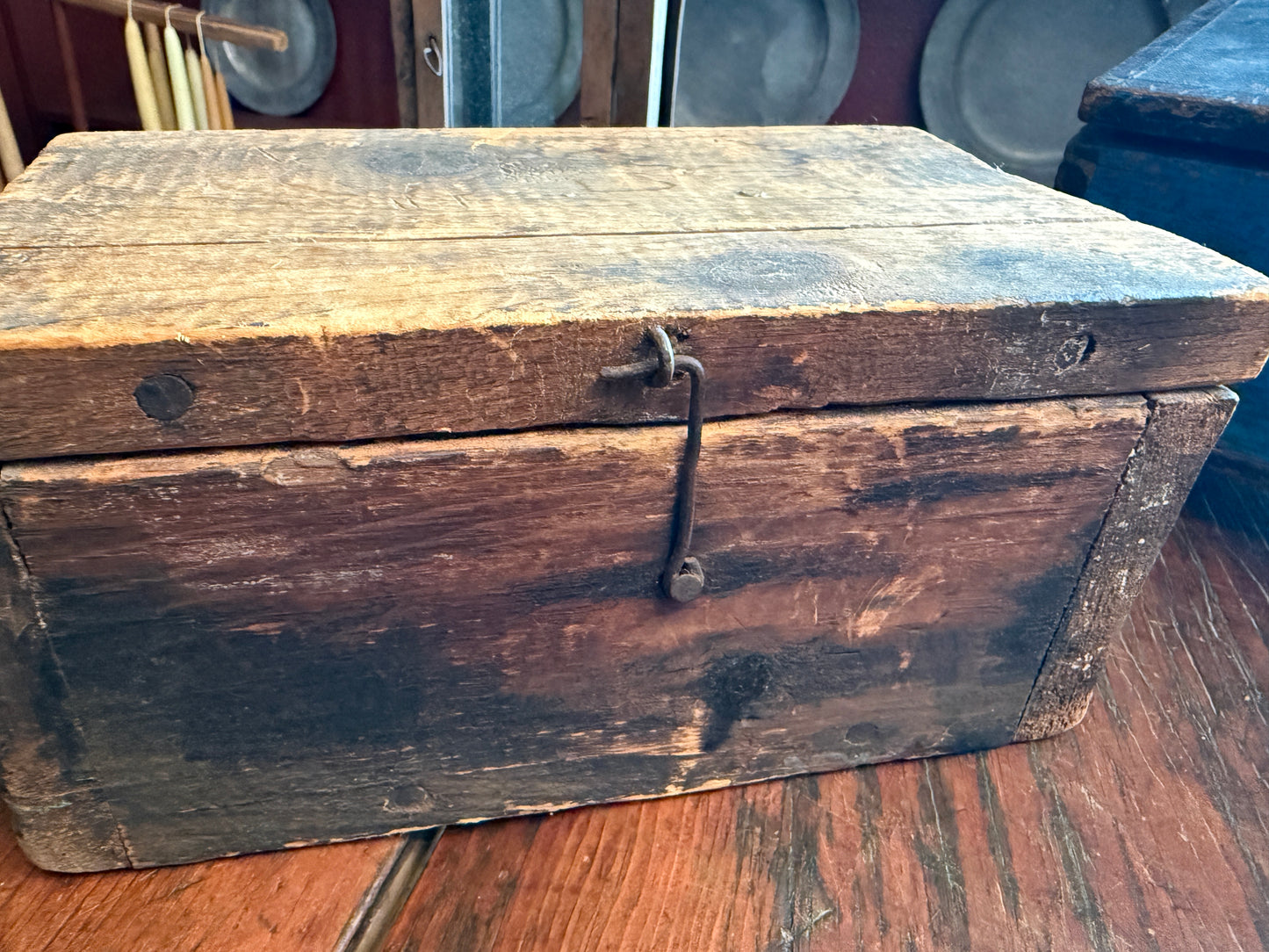 Primitive 1800s Wooden Tool Box w/ Wire Hinges