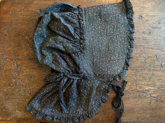 Antique Black Patterned Calico Prairie Bonnet (1880–1910)