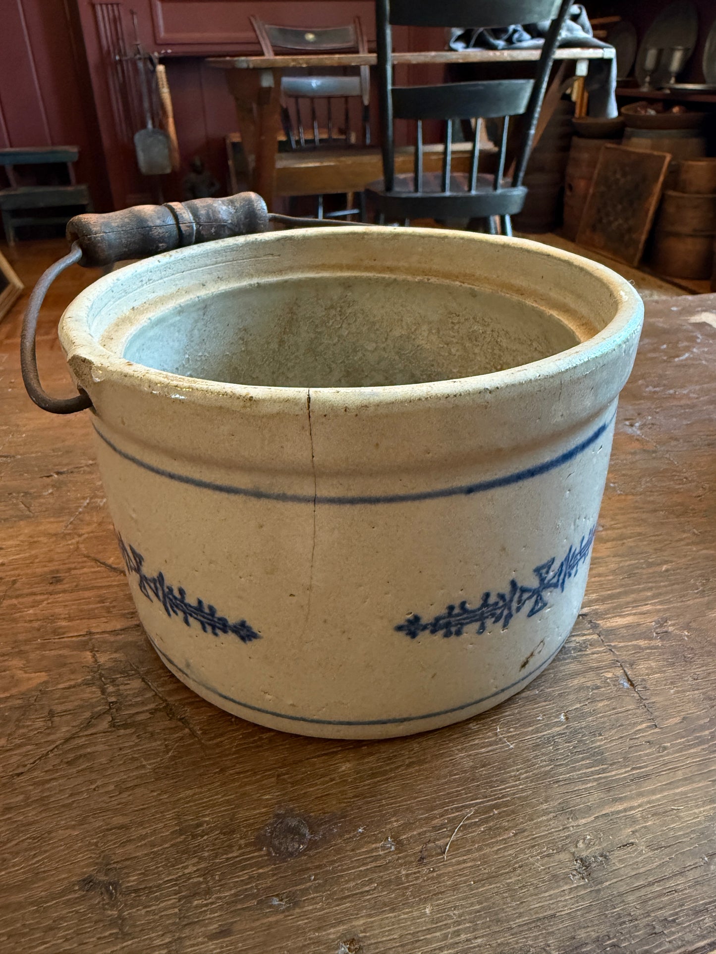 Butter Crock with Wooden Bail Handle/Cobalt Blue Decoration