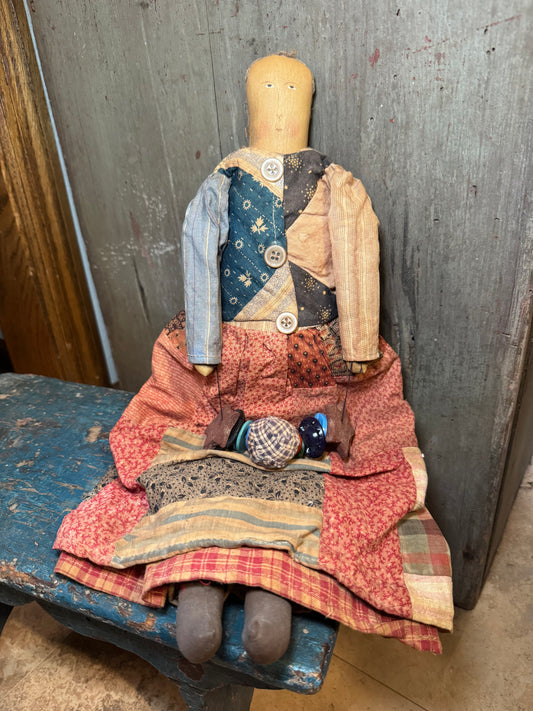 One-of-a-Kind Primitive Antique Patchwork Quilt Doll with Star, Rag Ball, & Button Garland