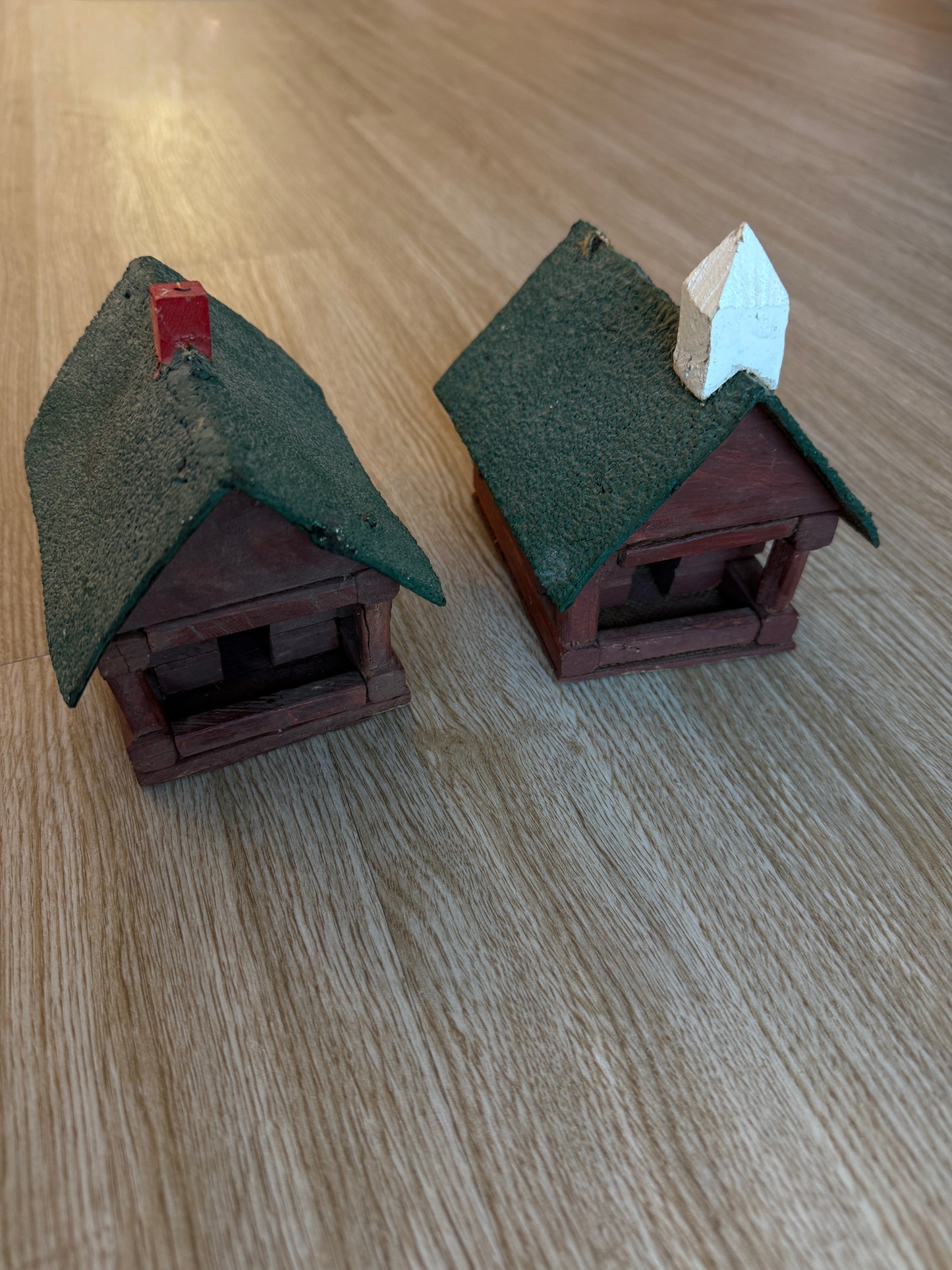 Set of 2 Vintage Log Cabin House & Church