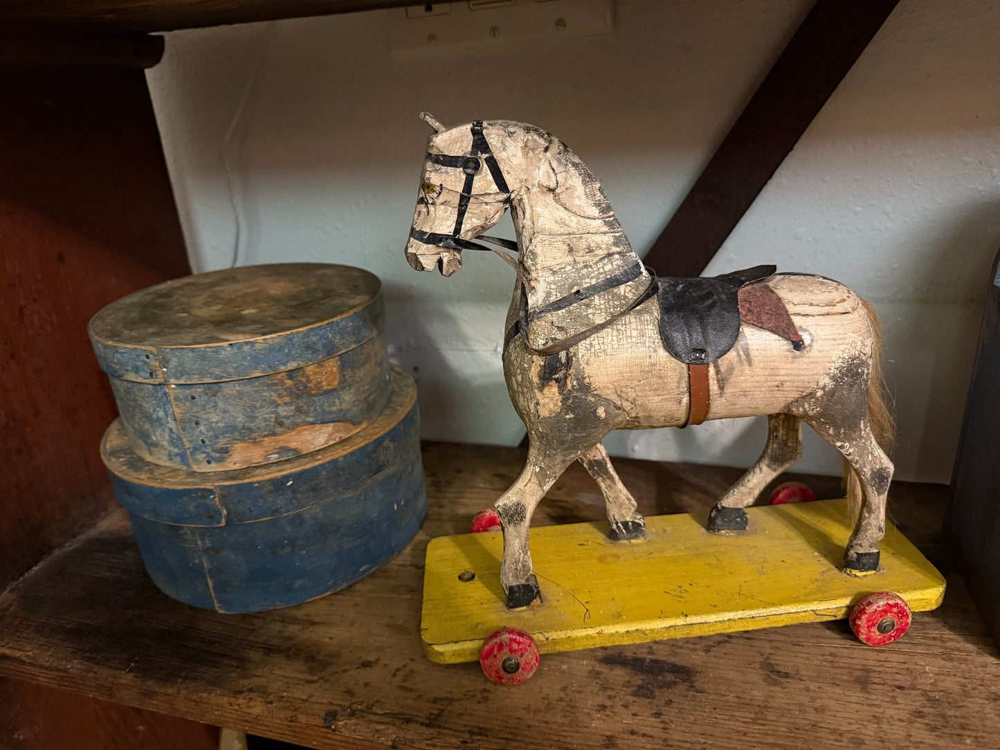 Wooden Painted Horse Pull Toy on Yellow Cart