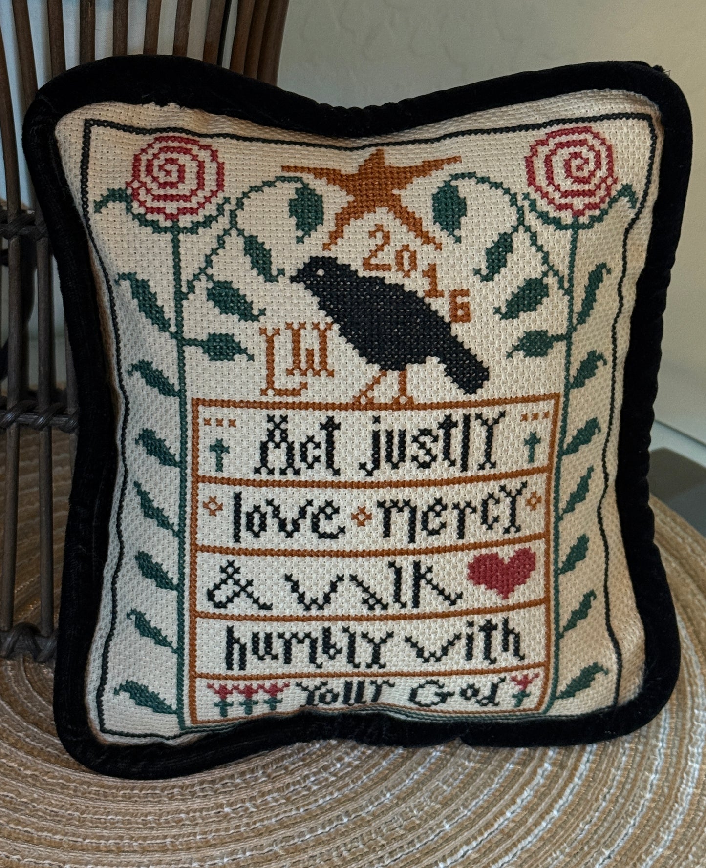 Walk Humbly Stitchery Pillow