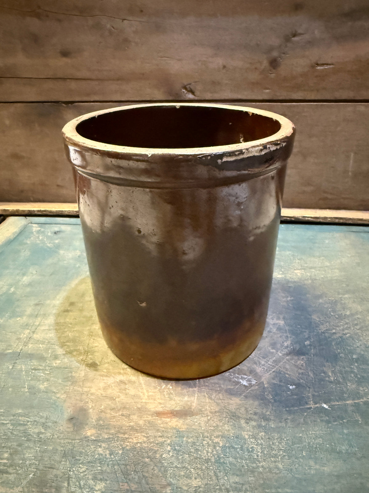 Exceptional Early Brown & Mustard Glazed Stoneware Crock