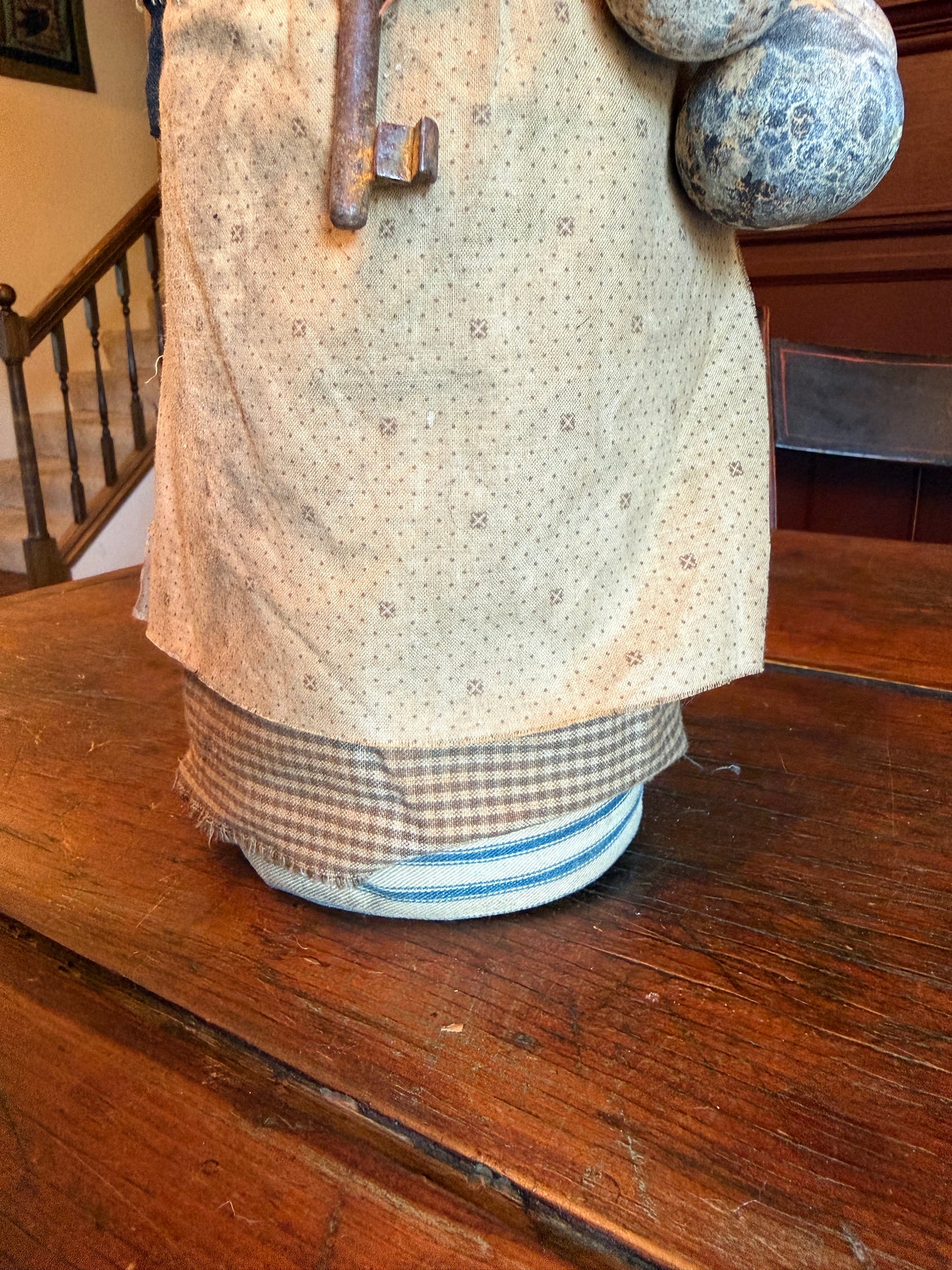 Bottle Doll with Calico Dress, Key Necklace and Gourds