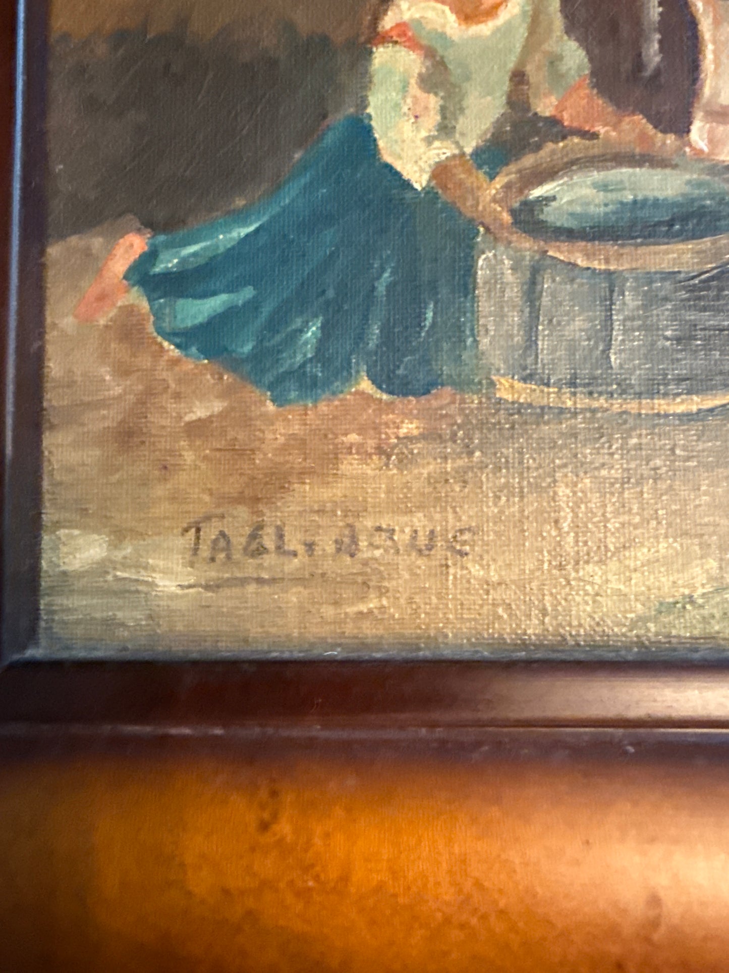 Antique Framed Oil on Canvas Painting- Women with Cows