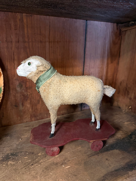 Large Early Putz Sheep Pull Toy on Red Cart