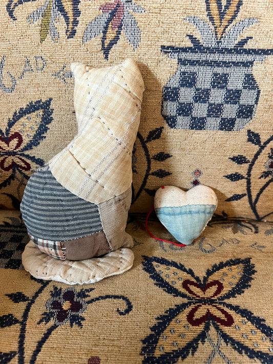 Patchwork Stuffed Cat with Heart