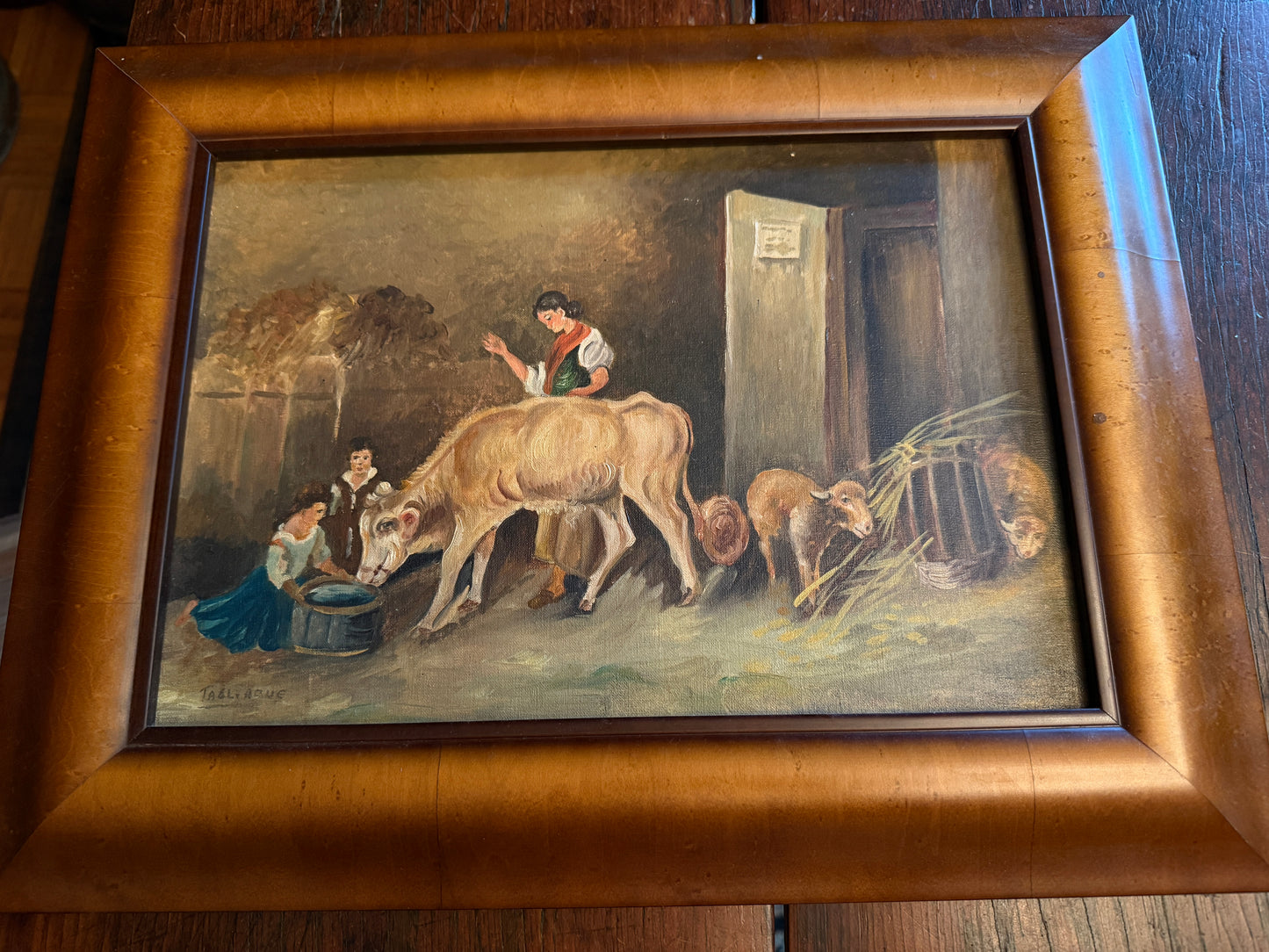 Antique Framed Oil on Canvas Painting- Women with Cows