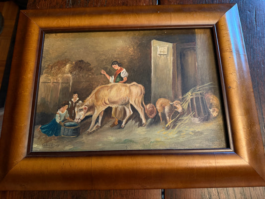 Antique Framed Oil on Canvas Painting- Women with Cows