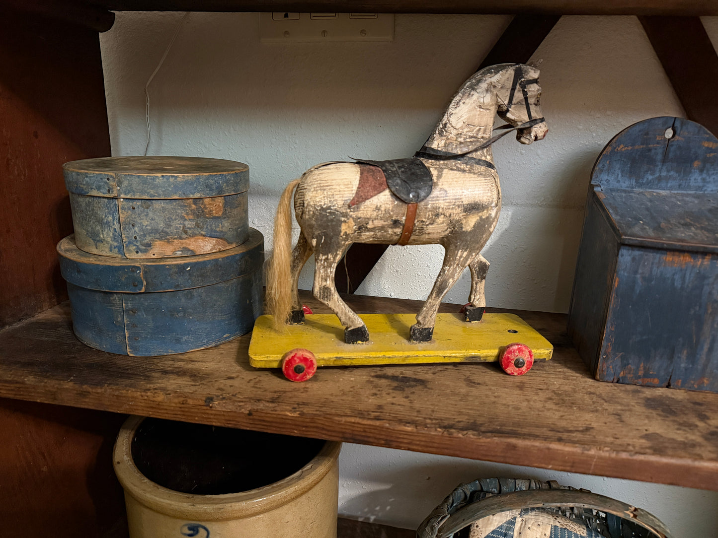 Wooden Painted Horse Pull Toy on Yellow Cart