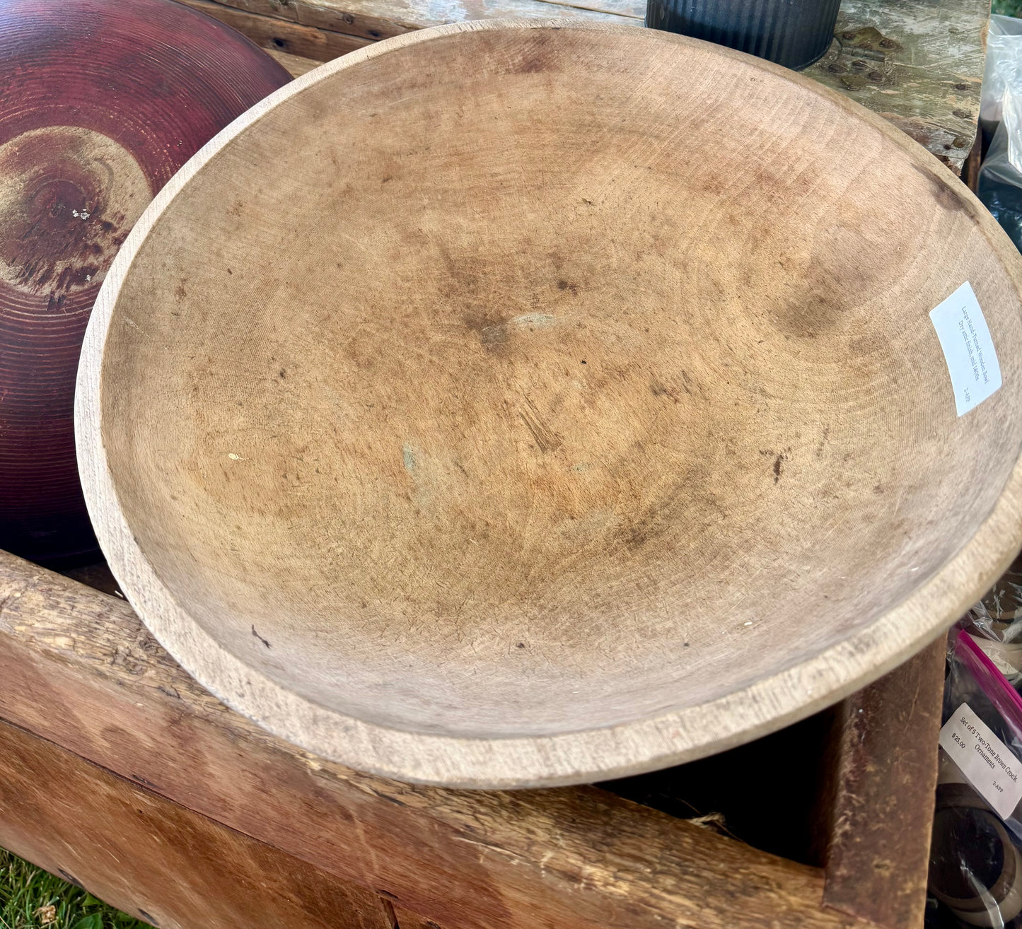 Early Wooden Bowl with Traces of White Paint - 17”