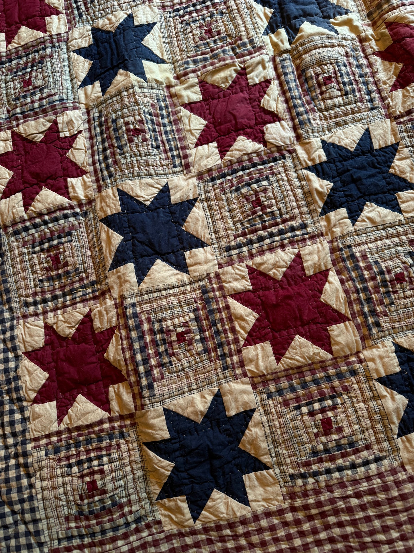 Antique Museum-Quality "Sawtooth Star" and "Log Cabin" Pattern Hand-Stitched Quilt