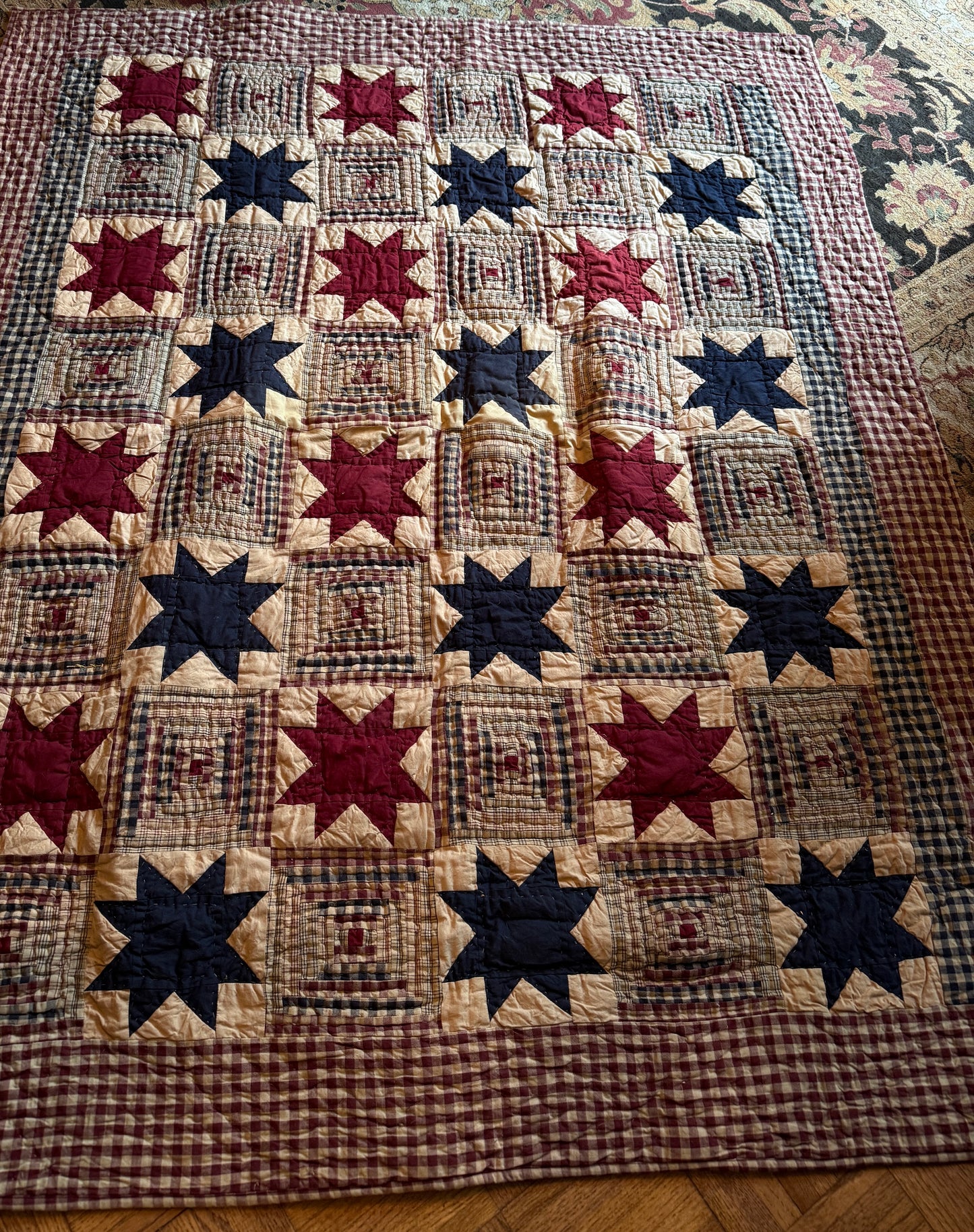 Antique Museum-Quality "Sawtooth Star" and "Log Cabin" Pattern Hand-Stitched Quilt