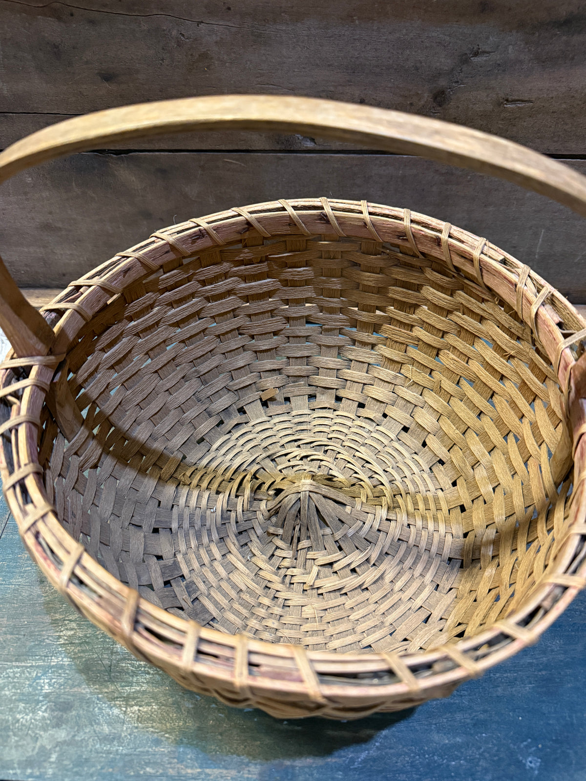 Early Handwoven Splint Basket with Blue/Red Painted Banding