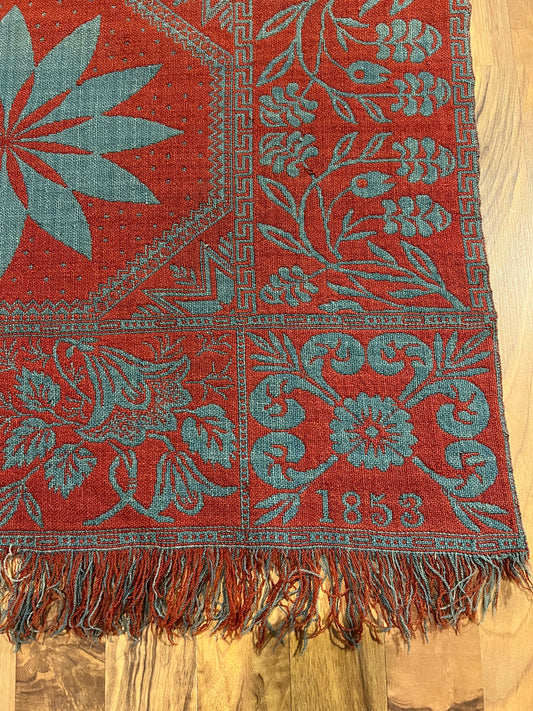 1853 Star of Bethlehem Half Coverlet in Turkey Red and Blue/Green