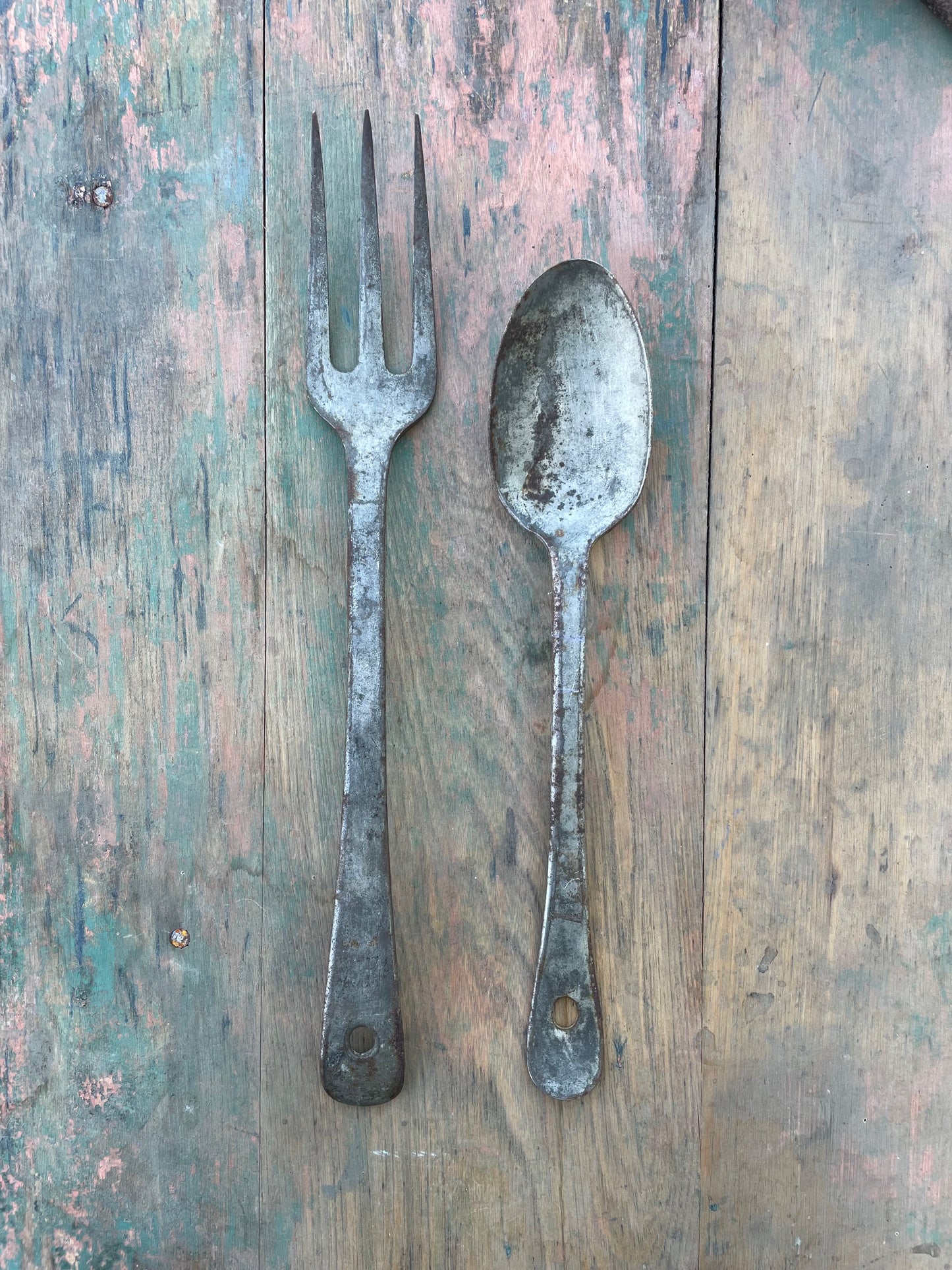 Early 1900s Antique Primitive Large Metal Serving Fork & Spoon