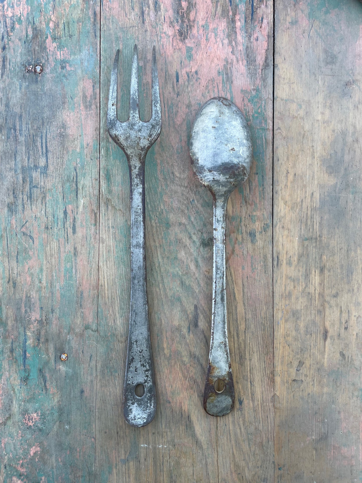 Early 1900s Antique Primitive Large Metal Serving Fork & Spoon