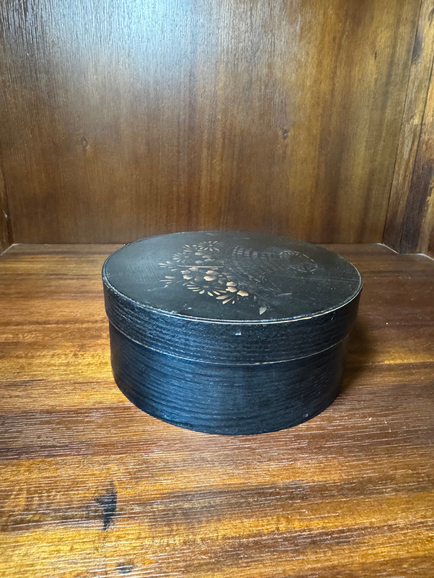 Black Painted Pantry Box with Stenciled Floral Lid