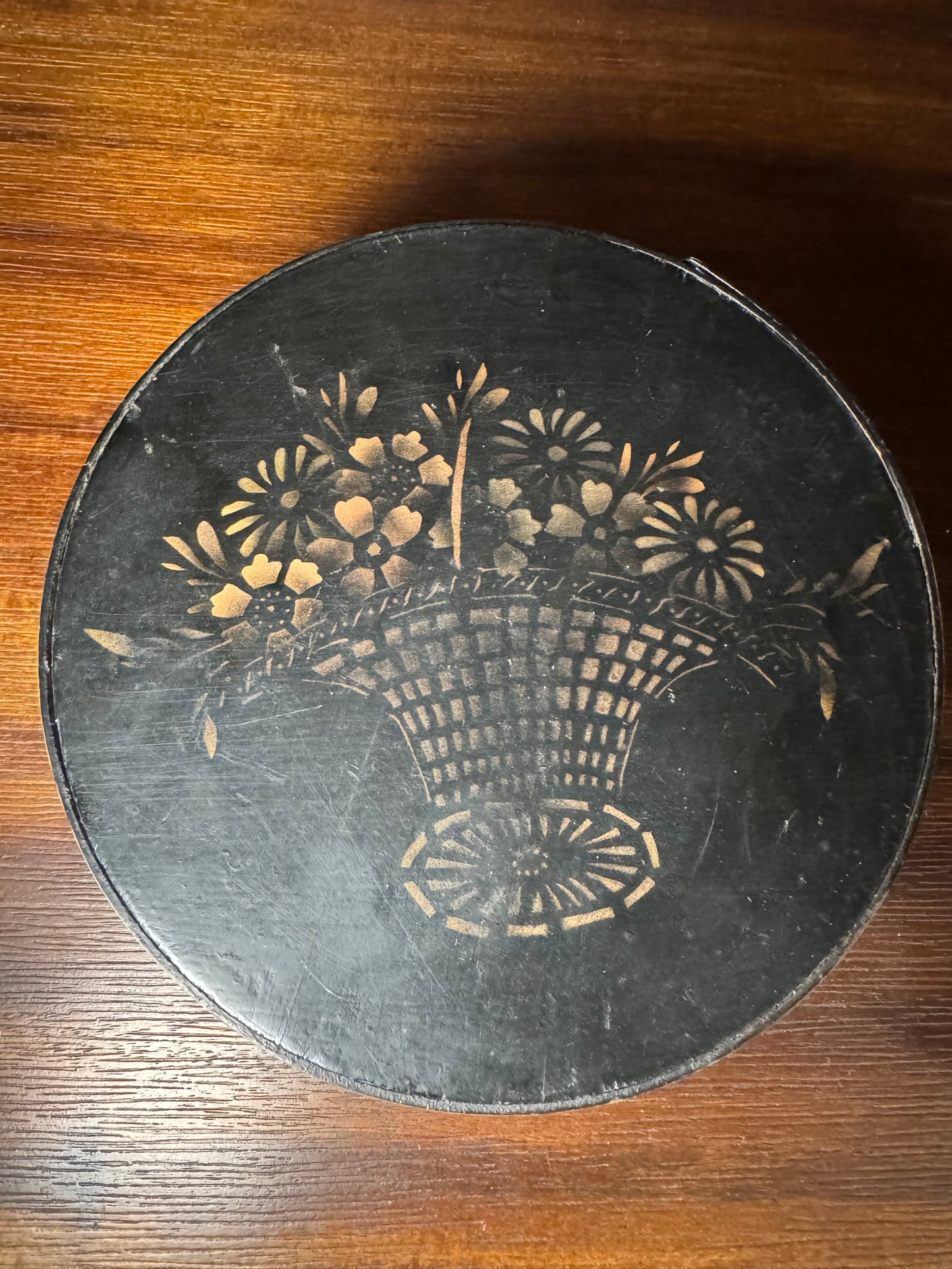 Black Painted Pantry Box with Stenciled Floral Lid