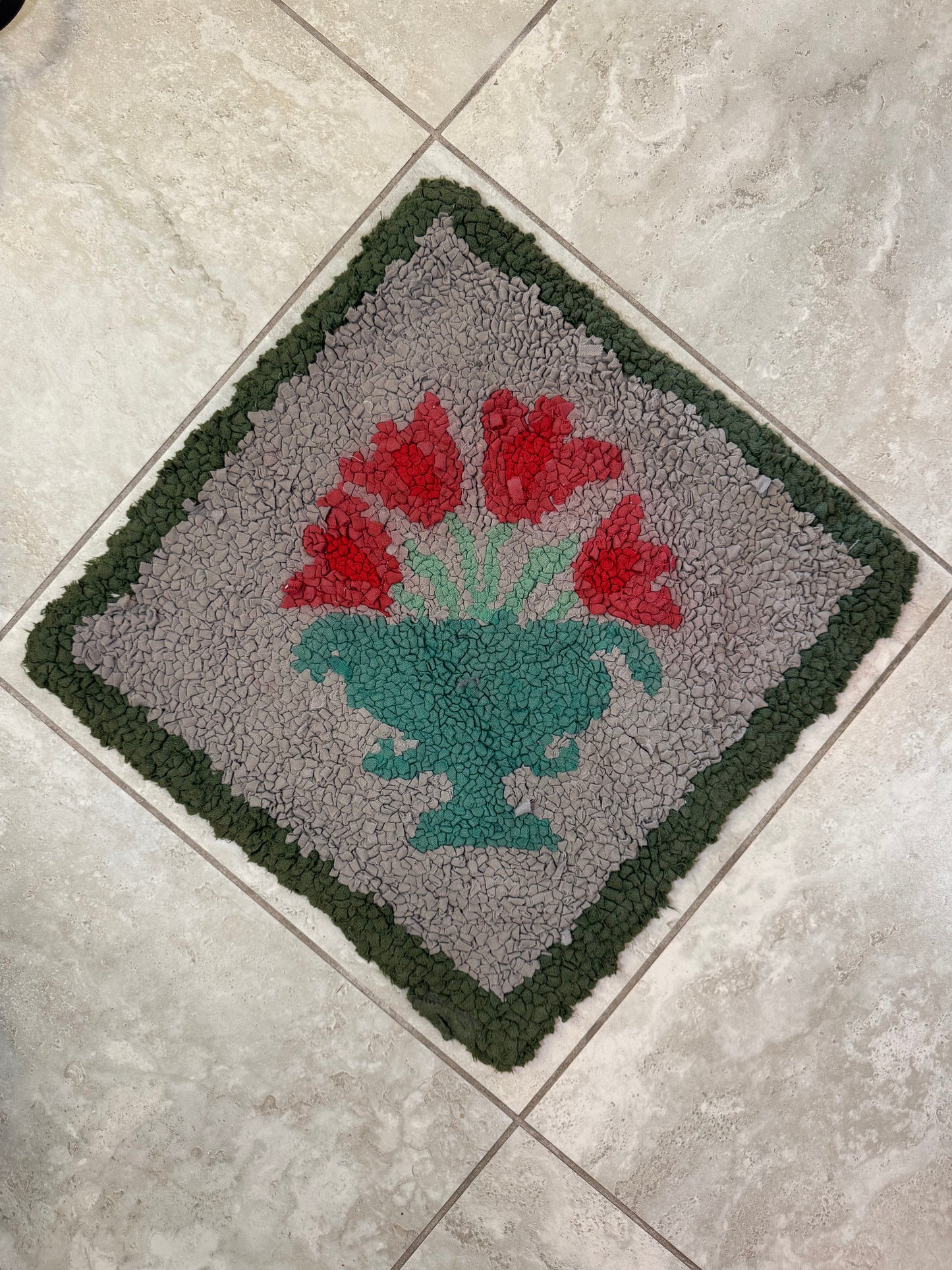 Antique Hooked Rug Tulip Urn with Handstitched Initials on Back