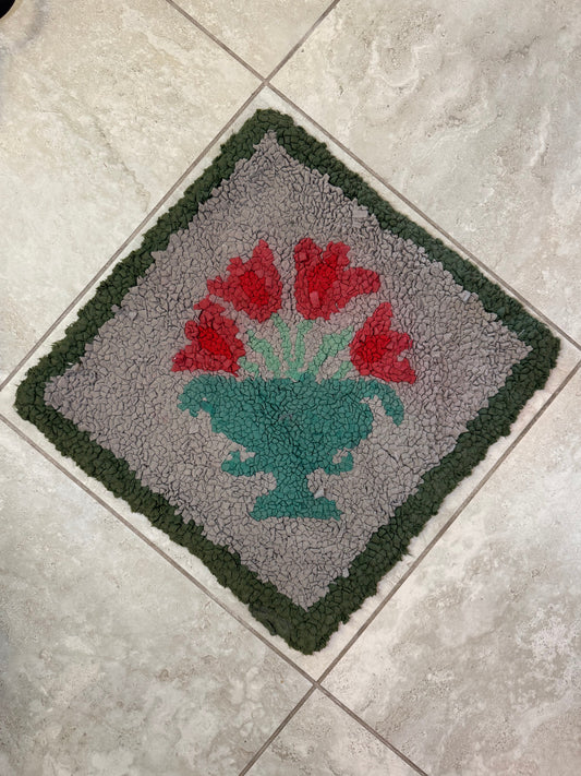 Antique Hooked Rug Tulip Urn with Handstitched Initials on Back