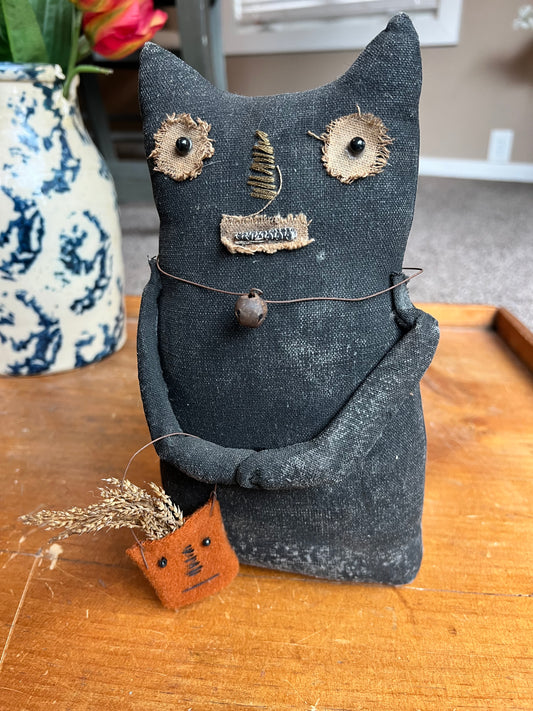 Folk Art Cat with Pumpkin Basket